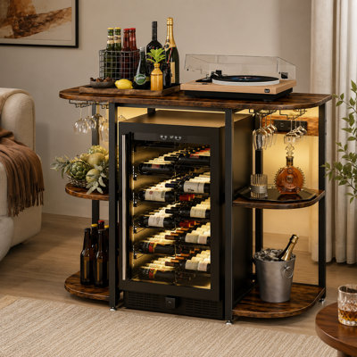 Wine Bar Stand, LED Lighting Power Outlet, Open Shelves