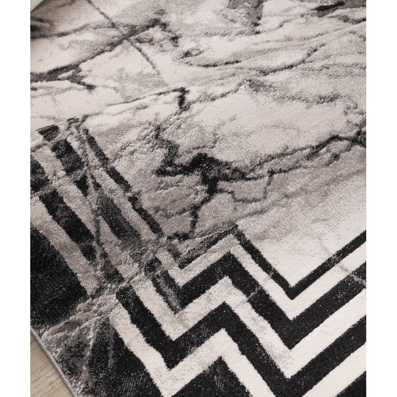 Tapis abstrait en polyester touffeté à la main noir / blanc, Rectangle 5 pi 3 po x 7 pi 7 po