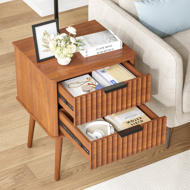 Ensemble de 2 tables de chevet de 45 cm de large avec lampe de pêcheur, détecteur de présence et point de chargement, Brun