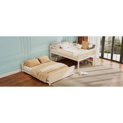 Lit superposé double au-dessus de grand lit double avec tablettes intégrées, lumières à changement de couleur et beige. Convertible pour un agencement d'espace flexible. Corde de rangement pour tête de lit. Multi-bandes différentes ambiances.