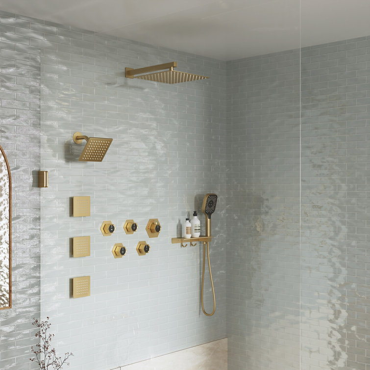 Wall Mounted Dual Shower Head Thermostatic Rainfall Shower System with 3 Body Jets and Storage Shelf