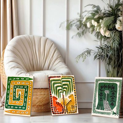Ensemble de 3 affiches encadrées, style tribal africain, imprimées sur toile, motif abstrait œil d'animal, vert et jaune, pour une décoration murale bohème moderne dans un salon ou une chambre.