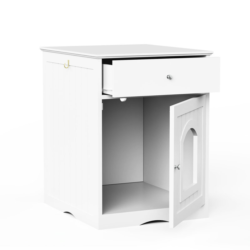 Enceinte de litière intérieure en bois pour chat avec table d'appoint et tiroir - table blanche, intérieur, bois, Blanc