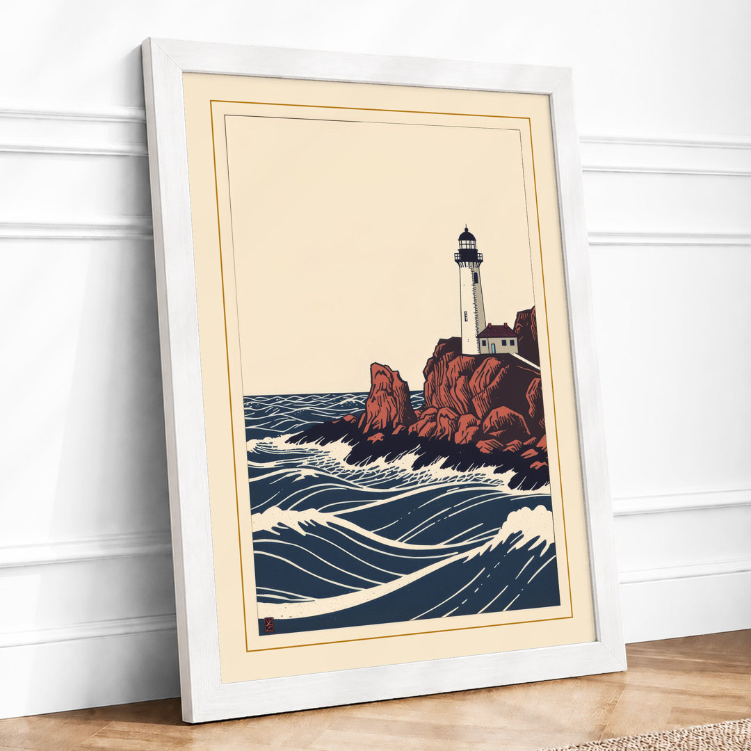 Lighthouse in Turbulent Seas Coastal - Framed Print
