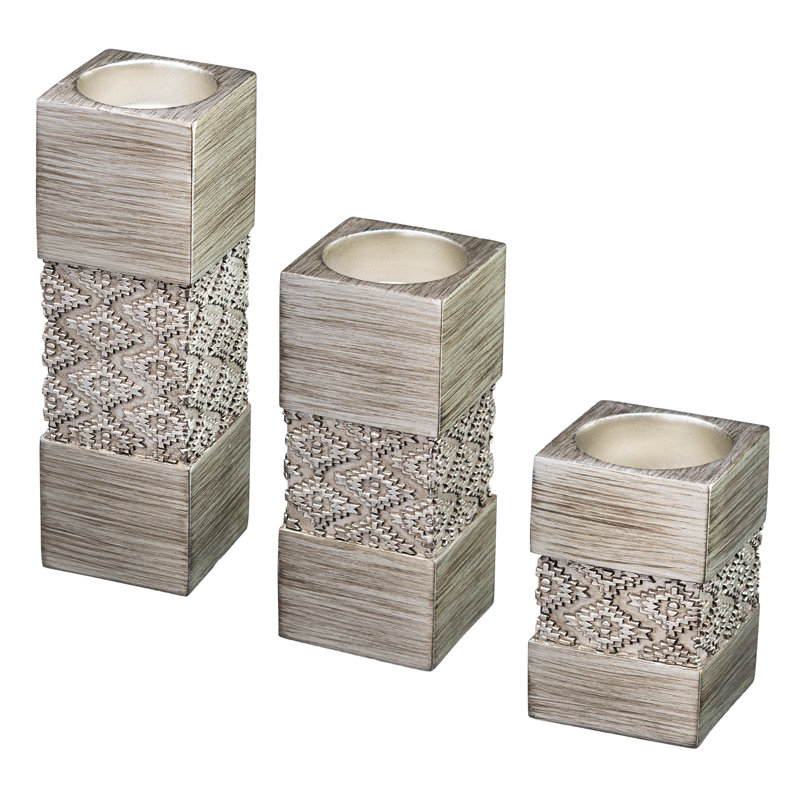 Silver Geometric Patterned Tealight Candle Holder Set