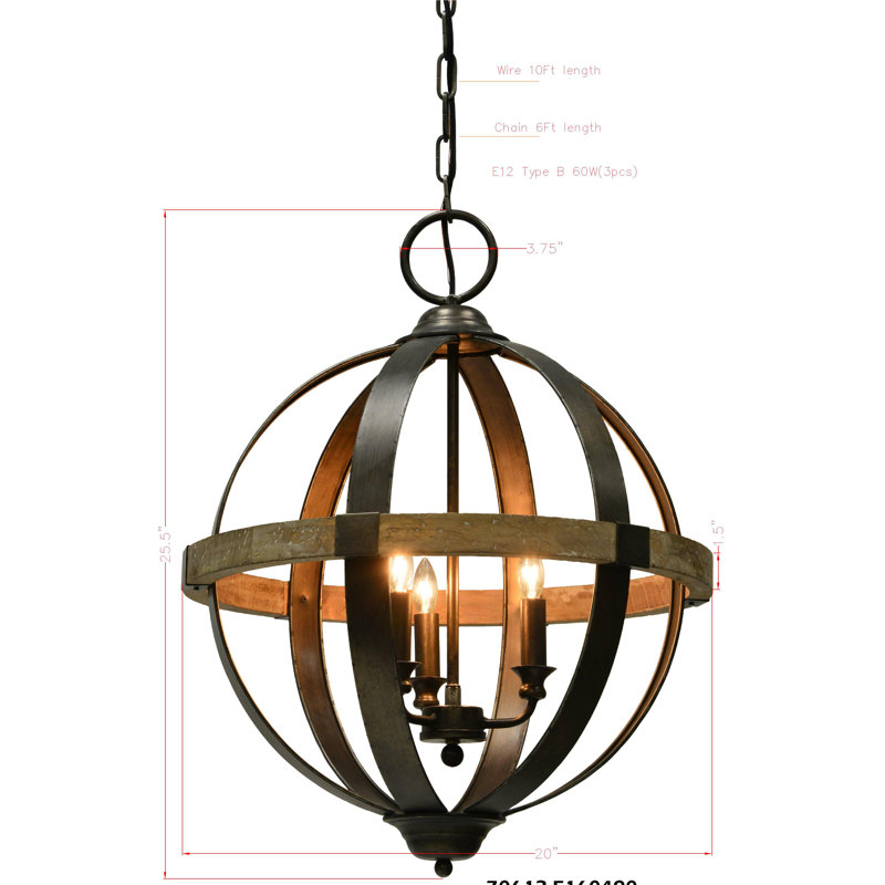 Lustre en forme de globe à 3 lumières de style bougie Kyler