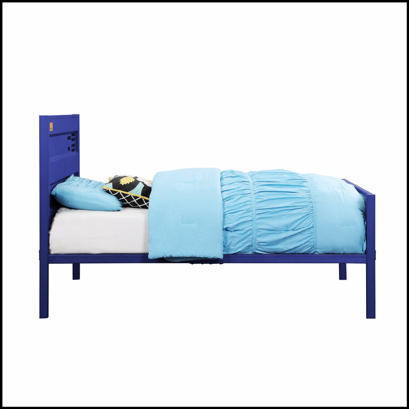 Structure de lit moderne en métal avec tête de lit, durable et élégante pour les chambres contemporaines, Bleu, Lit simple