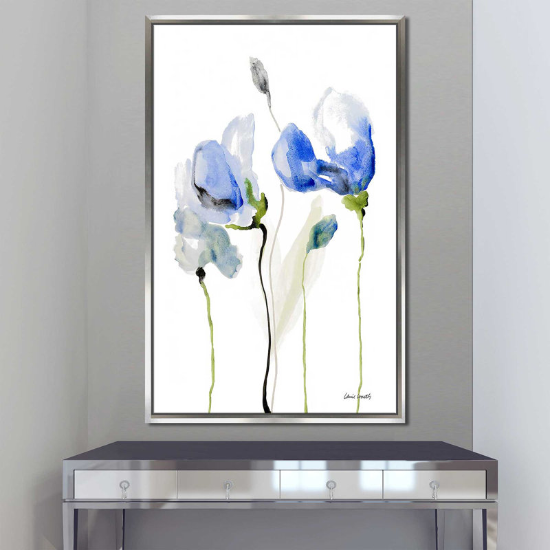 «All Poppies II» par - Peinture, Cadre flottant argent, H 51,5 po x l 31,5 po x P 2 po