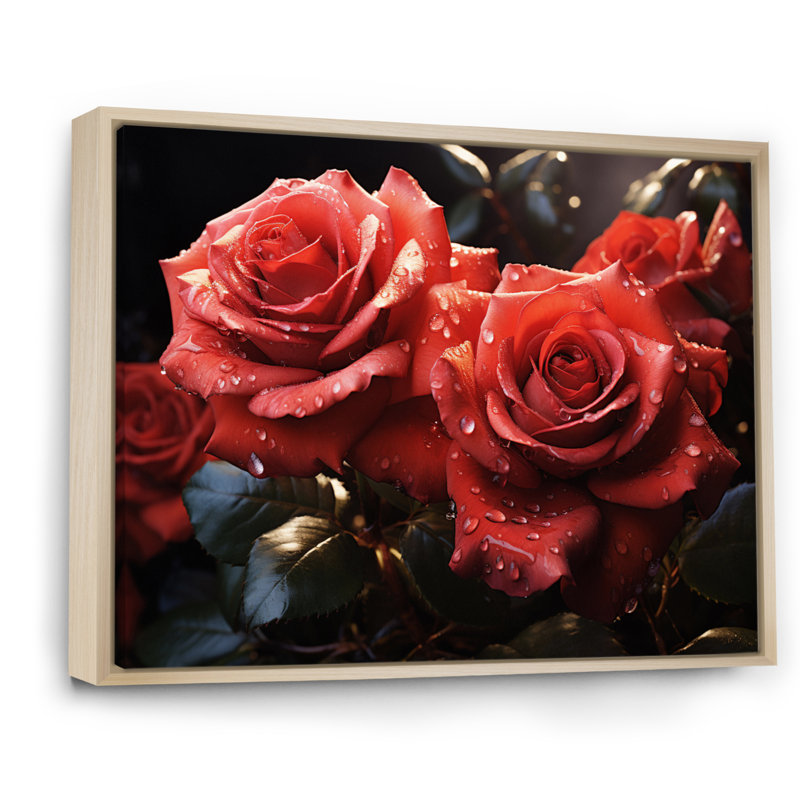 Roses rouges et noires lustrées du matin, H 16 po x l 32 po x P 1 po, Cadre naturel flottant