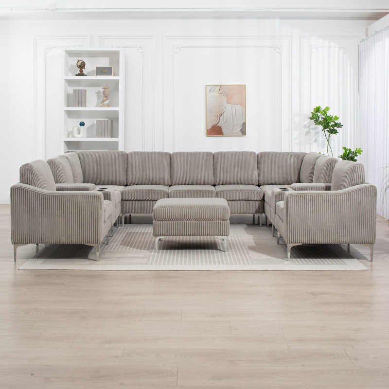 Canapé modulaire en U, Velours côtelé gris