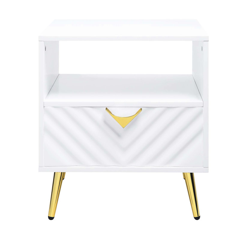 Table de bout blanche ultrabrillante avec 1 tiroir de rangement, pieds en métal, motif en forme de vague, rangement ouvert avec glissières latérales à extension de 2/3 po et configuration, 20 po de profondeur, 17 po de largeur, 22 po de hauteur