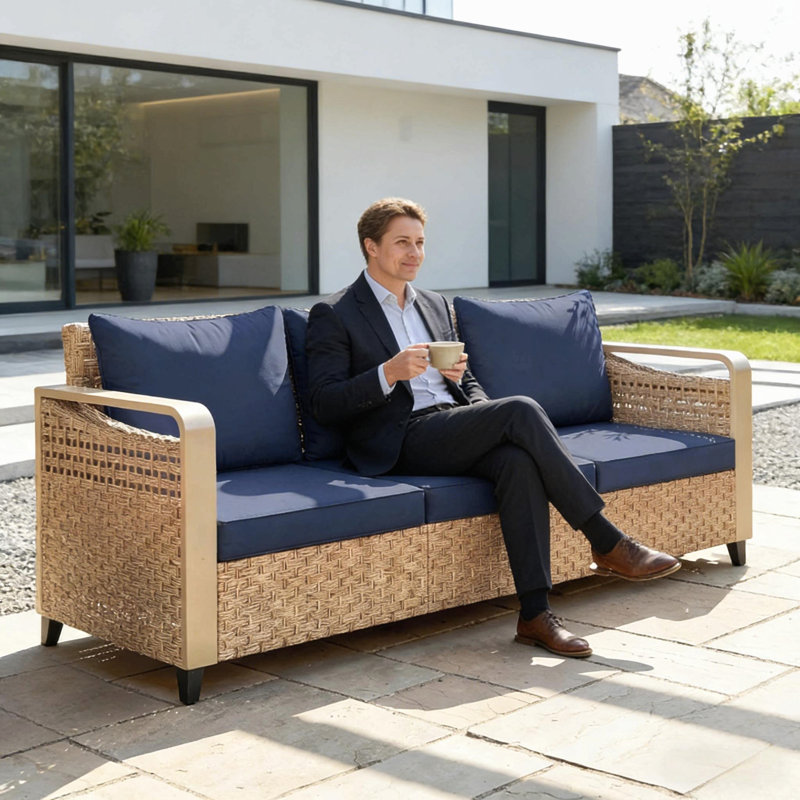 Outdoor Patio Sofa,Garden Rattan Wicker Sofa, Dark Blue