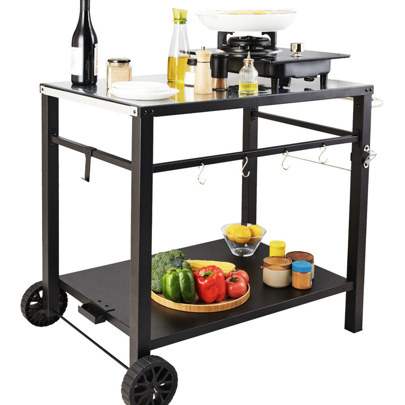 Chariot de salle à manger d'extérieur avec table de préparation pour barbecue à deux tablettes et support pour four à pizza avec roulettes | Idée de cadeau