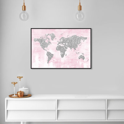 Carte pailletée rose et argentée, carte du monde pailletée, toile moderne rose pour salon - cadre photo sur toile flottante