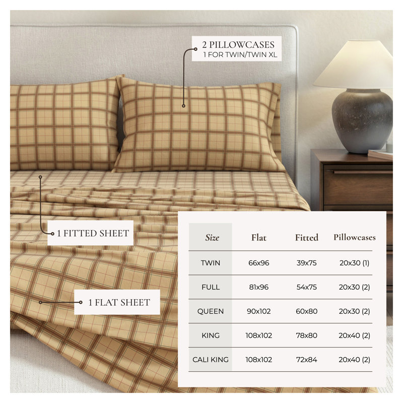 Ensemble de draps 100% flanelle de coton écossais, Ensemble de draps pour très grand lit avec 2 taie