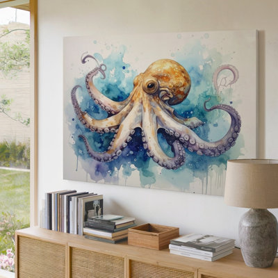 Canvas Golden Octopus Watercolor Canvasflowing Tentacles Marine Wall Art Ready To Hang Gallery Wrapped Home Decor Modern Design Decor