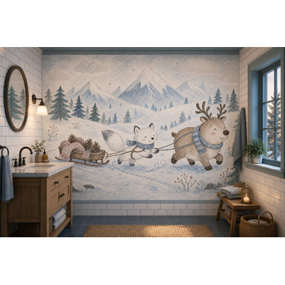 Papier peint paysage d'hiver avec paysage de montagnes enneigées et pins
