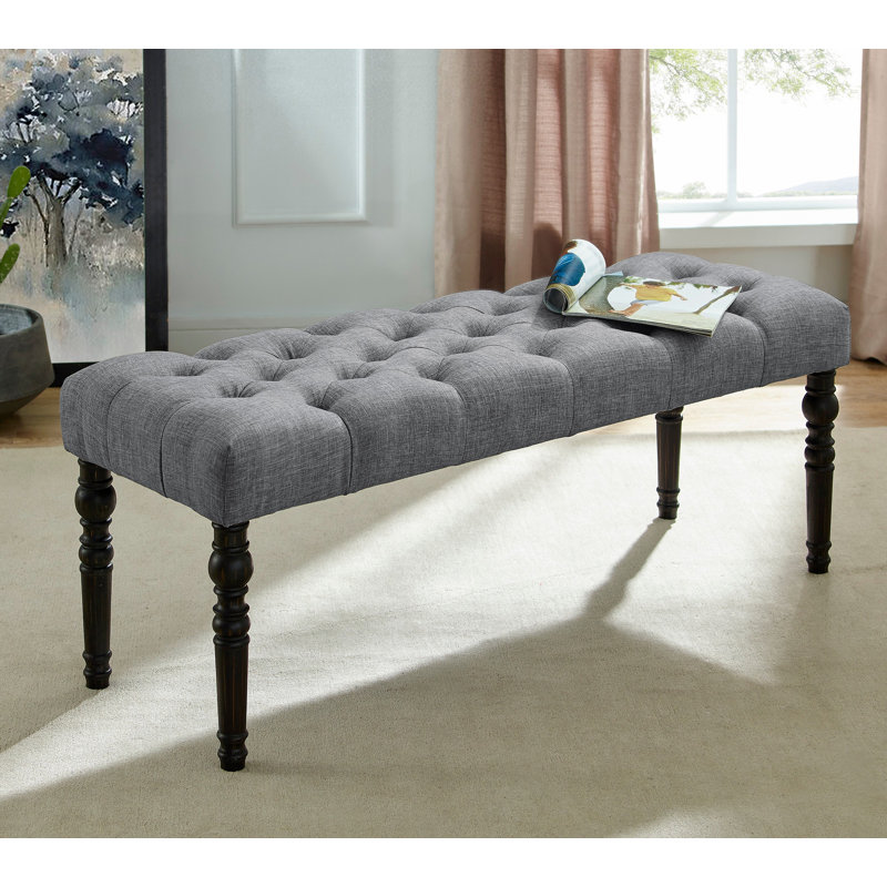 Tufted Turned Leg  Dining Bench, Gray