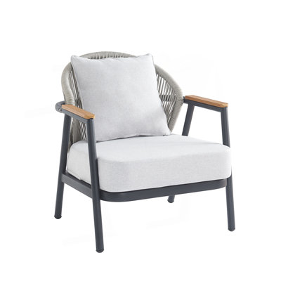 Fauteuil club d'extérieur en corde avec coussin gris Orla