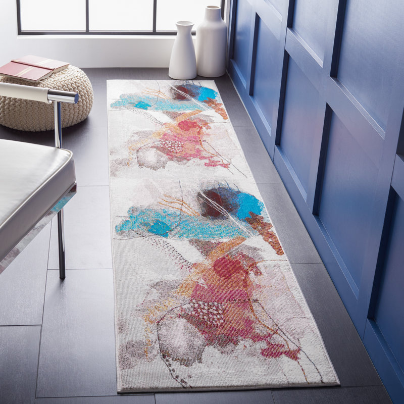 Papillon Abstract Gray/Blue/Pink Area Rug, Runner 2' x 8'