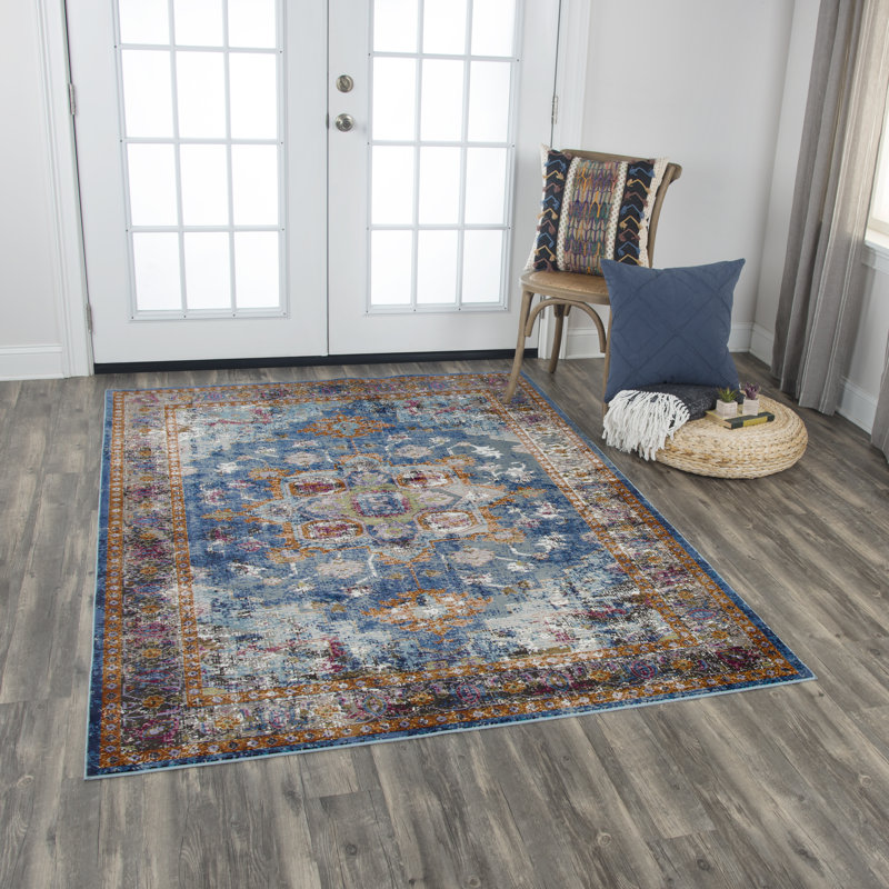 Tapis bleu/jaune oriental Elliot, Rectangulaire 3 pi 11 po x 5 pi 6 po