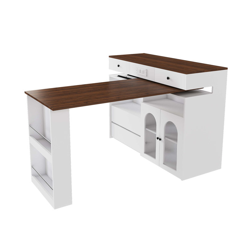Kitchen Island With Extendable & Rotating Table, MDF With Veneer Retro Design, 4 Drawers & Glass Door Cabinets With Built-In Socket, Expandable Dining Station For 2-4 Person