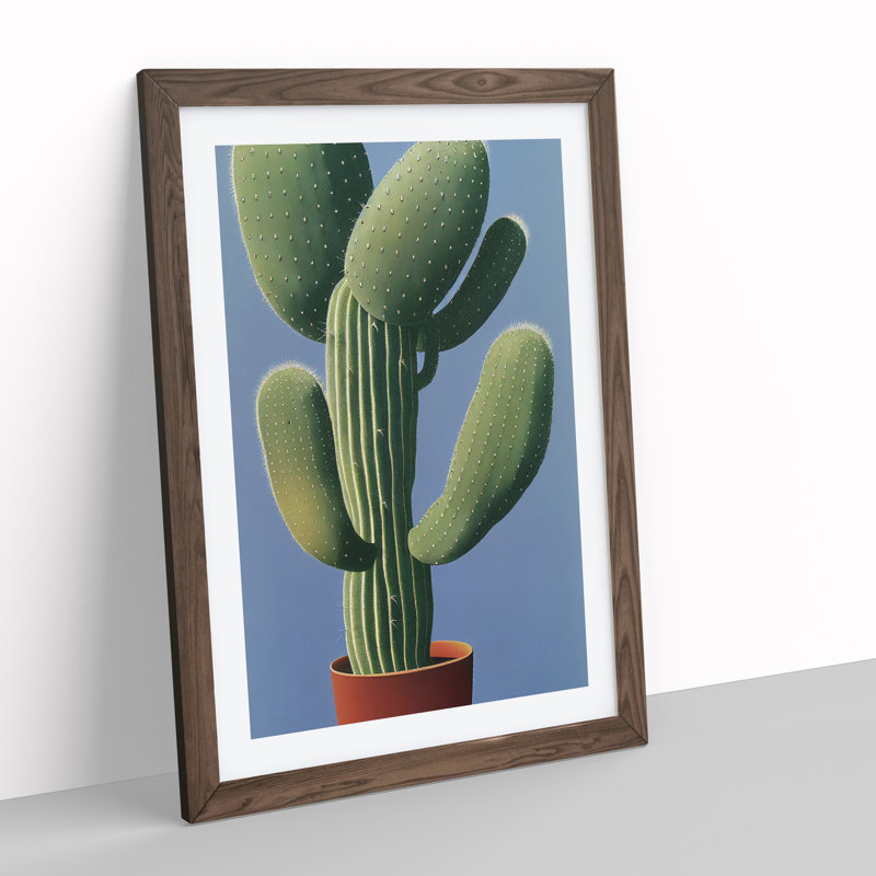 Cactus Plant - Wall Art, 36cm H x 27cm W x 2cm D, Walnut Framed, White
