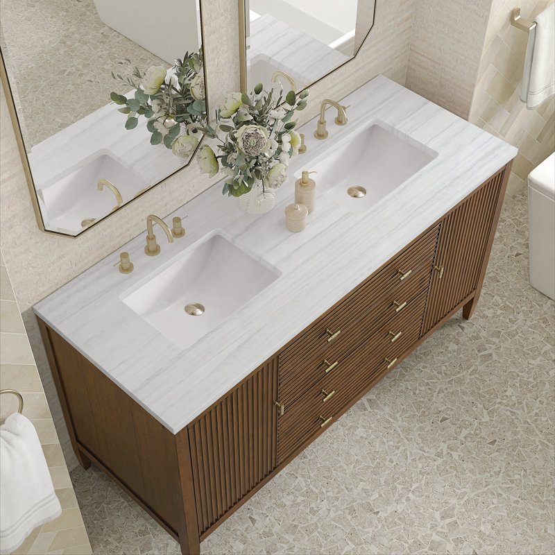 Myrrin 60'' W Double Vanity, Mid-Century Walnut, White Zeus, 8" Widespread