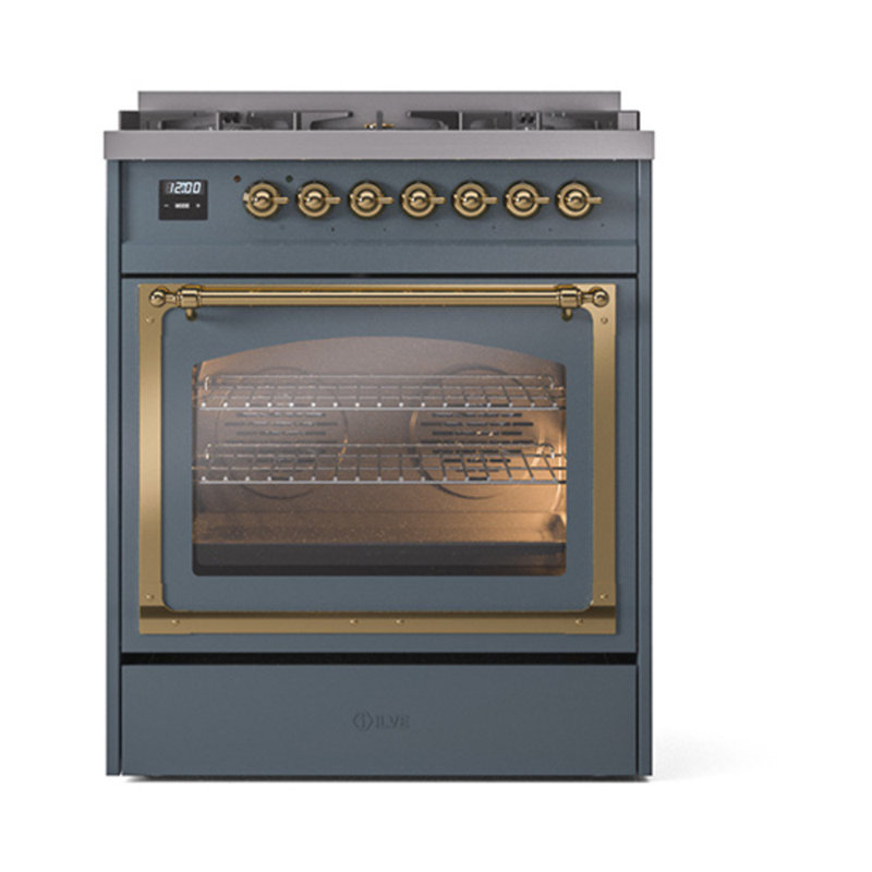 ILVE Nostalgie II Noblesse 30 in Dual Fuel Range, Blue Gray/Brass, Liquid Propane