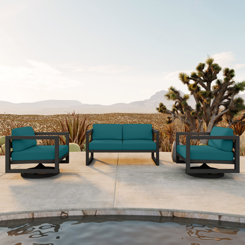 Avion 3 Piece Loveseat Set With Swivel, Slate, Spectrum Peacock Sunbrella® Plainweave