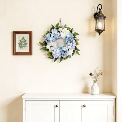 Lifelike Blue and White Hydrangea Spring Wreath – Artificial Floral Wreath with Butterfly, Daisy – Farmhouse Front Door, Wall, Window, Wedding, Easter, Mother’s Day Decor – 20 Inch – Blue