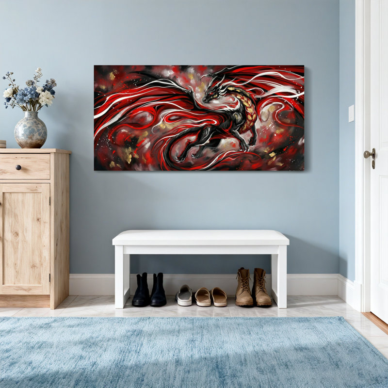 Animaux, dragon avec ailes rouges et noires, H 16 po x l 32 po