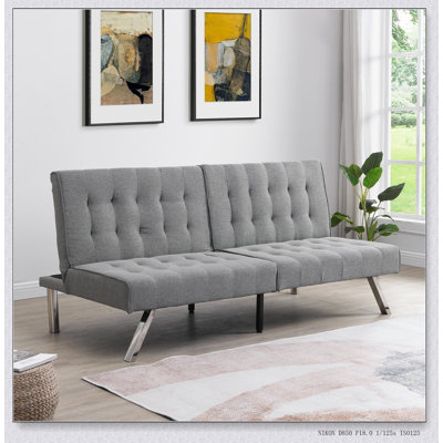 Stylish Wood Frame and Stainless Leg Futon Sofa Bed in Grey, Perfect for Modern Living and Space-Saving Solutions.