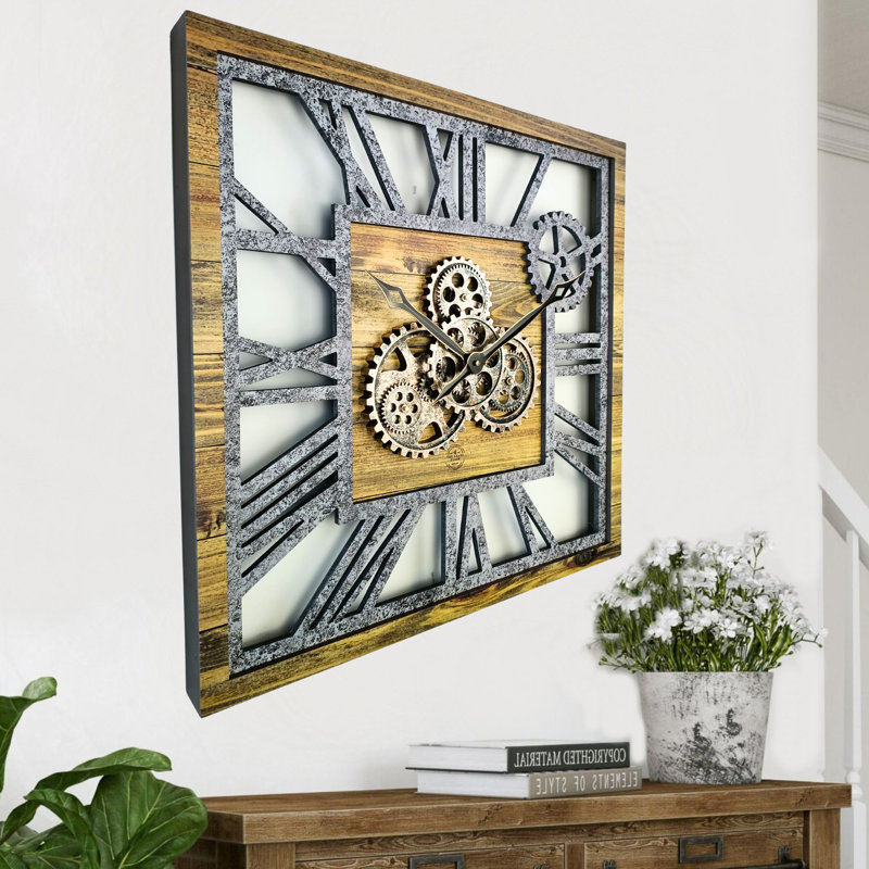 Oversized Square Wood and Stone Gear Wall Clock