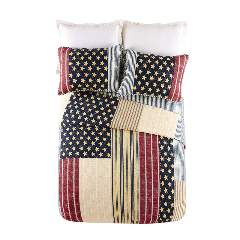 King Size Blue and Red Cotton Reversible Quilt Set