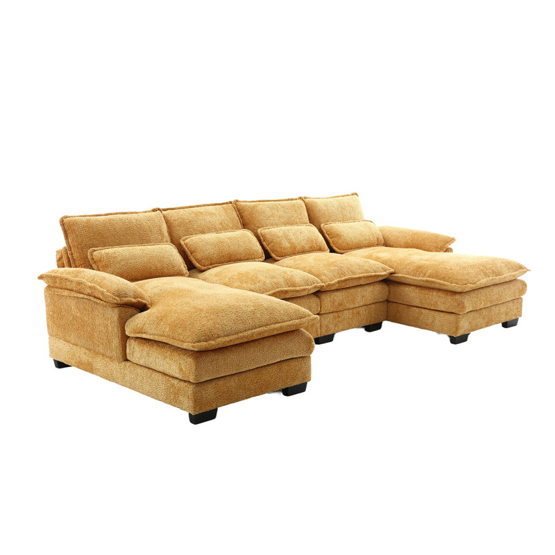 Grand canapé modulaire moderne en U en chenille, Boucle jaune moutarde