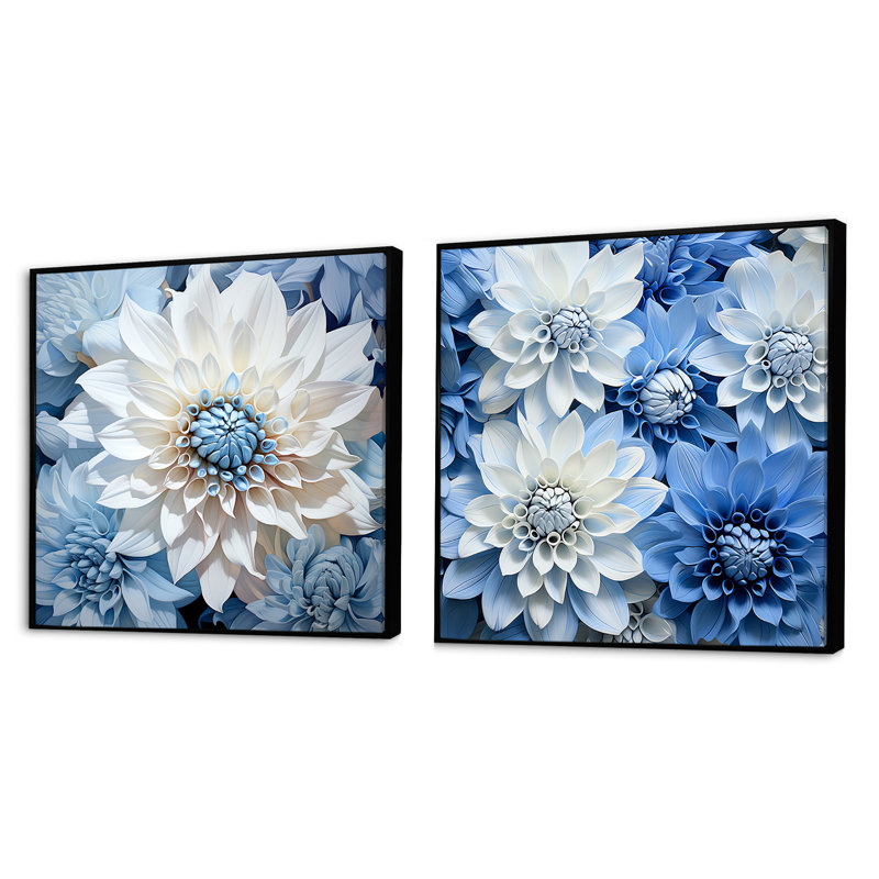 «Dahlia Embrace» blanc et bleu - ensemble de 2 collages carrés Dahlia, Cadre flottant noir, H 30 po x l 61 po