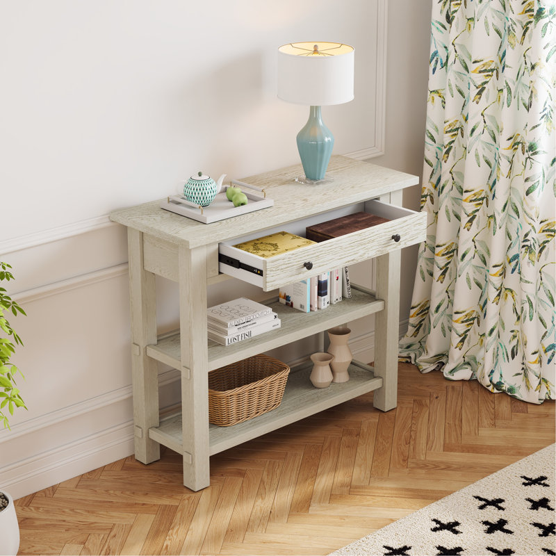 Table d'entrée avec rangement, console rétro avec tiroir et deux tablettes, console pour l'intérieur, Gris délavé