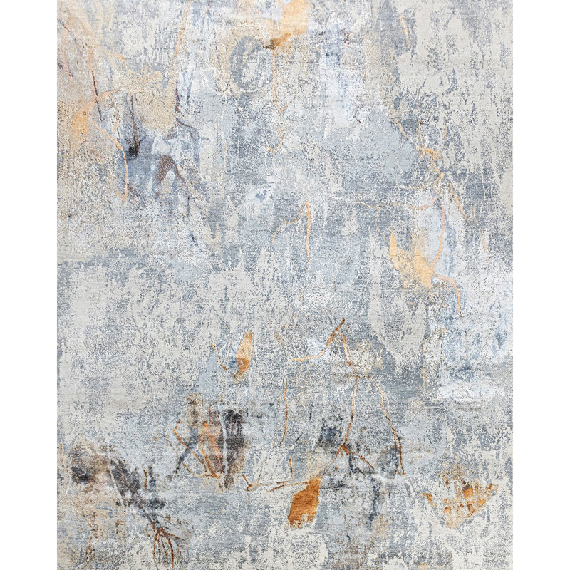 Monarch Hand Knotted Abstract Area Rug in Silver And Gold, Rectangle 5' x 8'