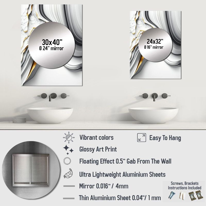 «Bita Abstract Geode Waves Grey I», miroir mural abstrait unique, art moderne imprimé sur métal, 32 po x 24 po