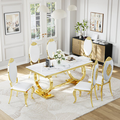 Kashane 7-Piece Faux Marble Rectangular Pedestal Dining Set with Petal-Back Upholstered Chairs, Seats 6