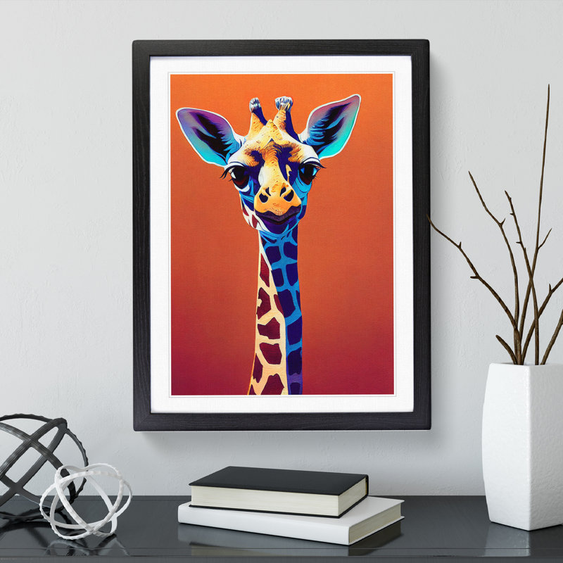 Colourful Giraffe No.1 - Single Picture Frame Painting, 64cm H x 46cm W x 2cm D, Black