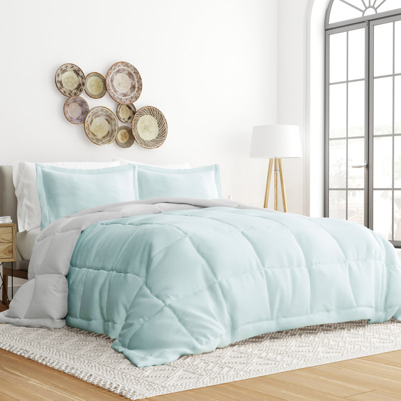 Aqua and Gray Reversible Down-Alternative Comforter Set, Full/Queen