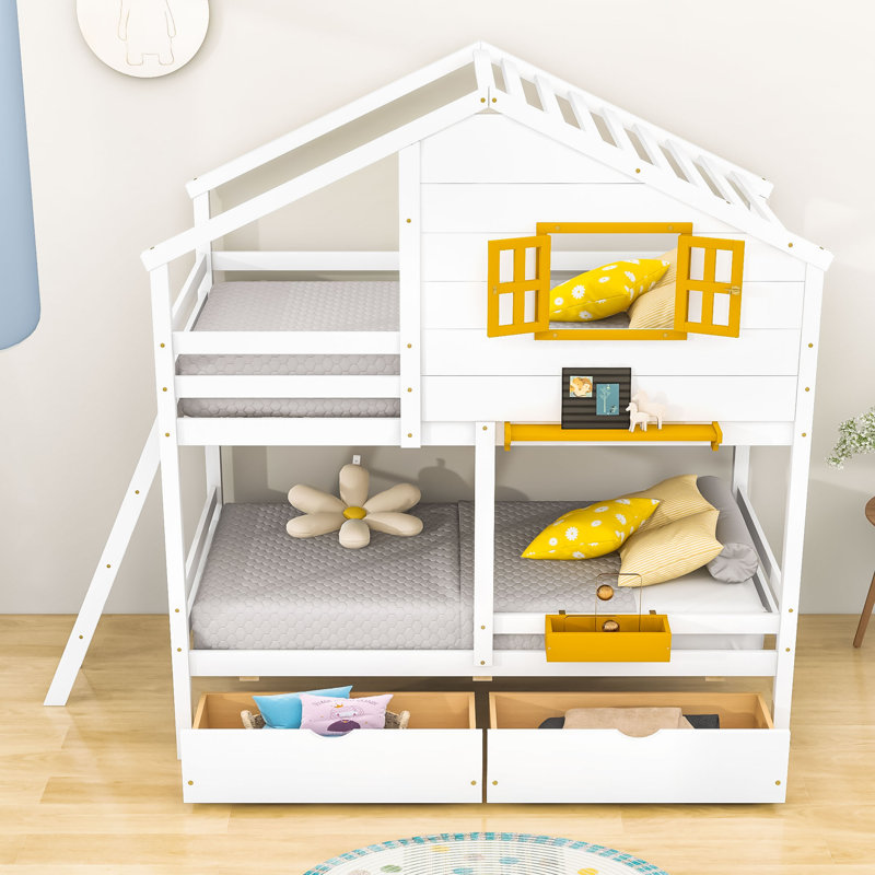 Lit superposé simple en bois 2 tiroirs avec boîte de rangement, Blanc
