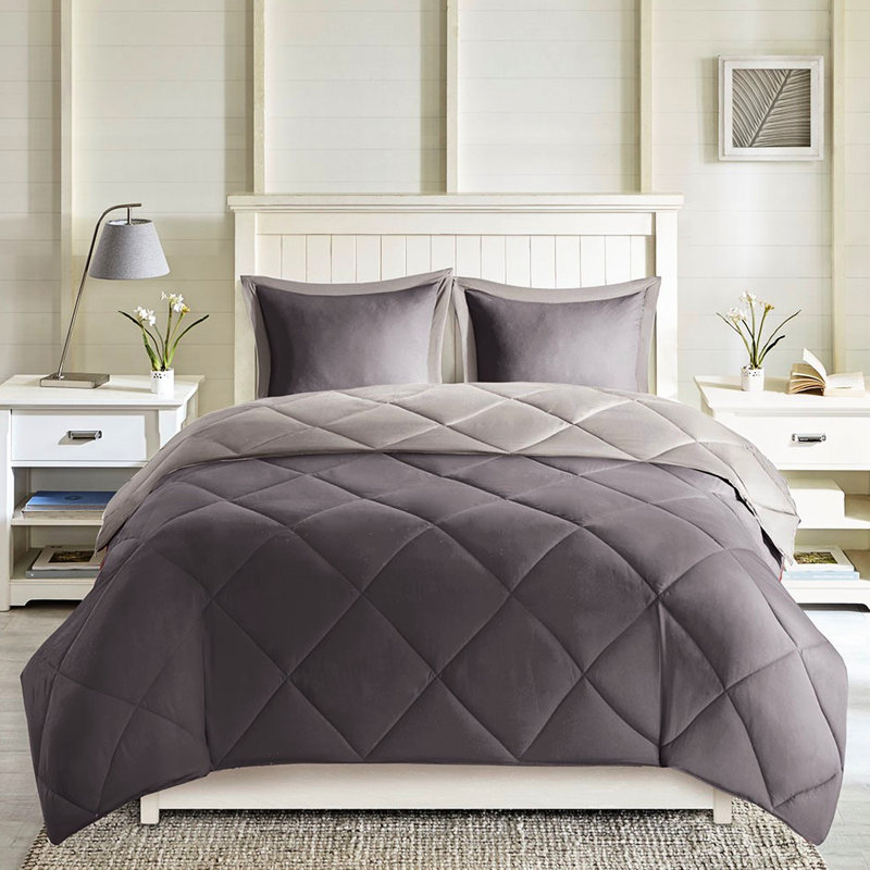 Édredon traité 3M avec duvet synthétique, Gris, Édredon double et 2 taies décoratives