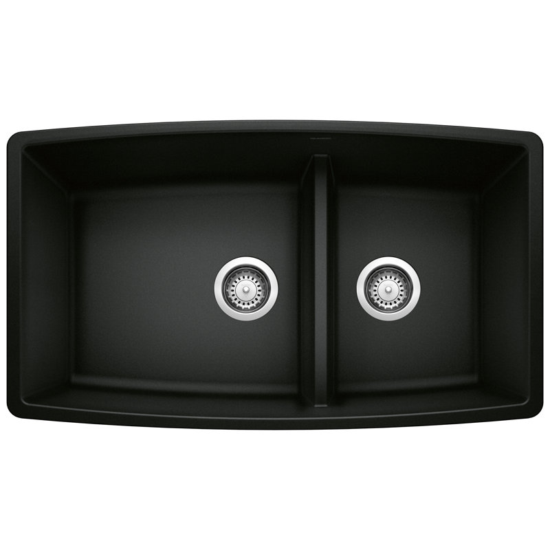 Évier de cuisine encastrable à double cuve en granite avec crépines L 33 po x l 18 po Performa Silgranit, Noir charbon