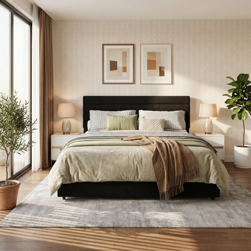 Grand lit plateforme tapissier en velours avec 4 tiroirs de rangement et lattes robustes, Black