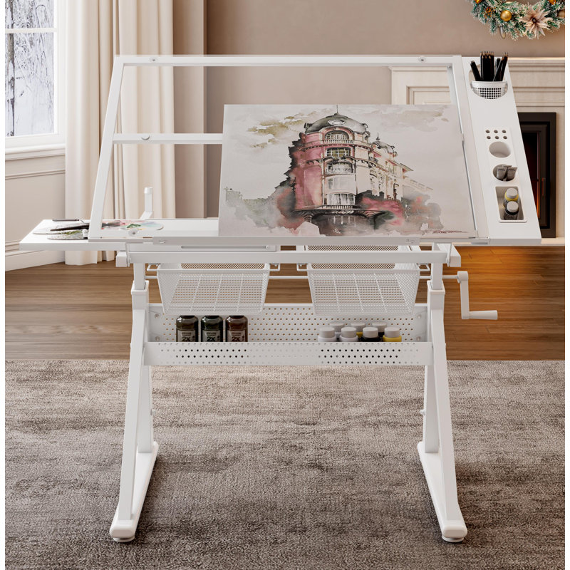 Table de dessin et d'impression en verre trempé réglable à manivelle avec chaise et espace de rangement pour le salon, le bureau et la chambre à coucher (blanc)