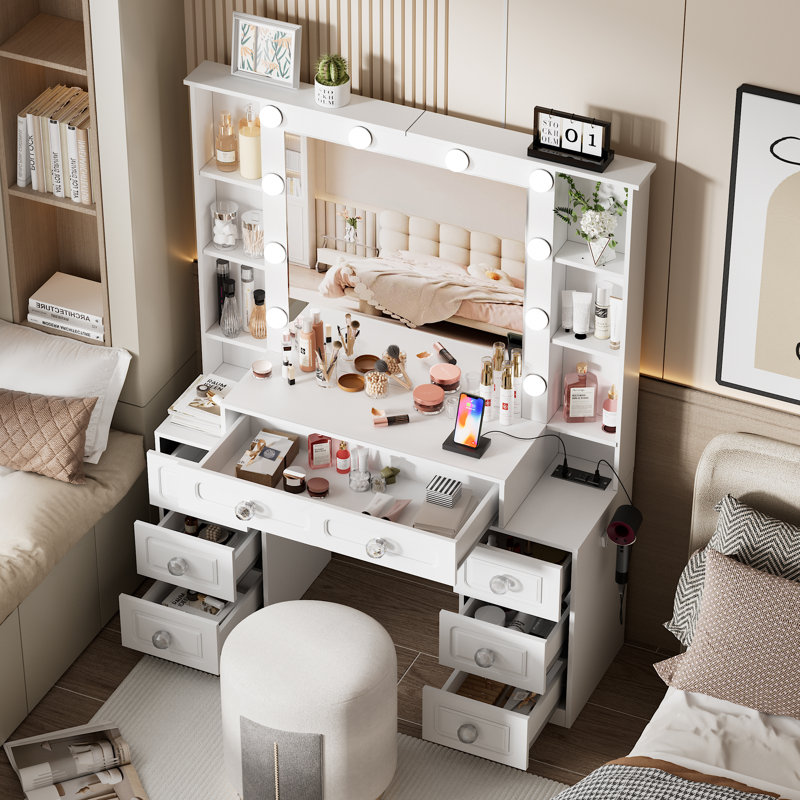 Farmhouse Makeup Vanity With Lighted Mirror & Charging Station, Vanity Desk Dresser Table With 3 Lighting Modes Brightness Adjustable,drawers,shelves,hair Dryer Stand For Bedroom,white