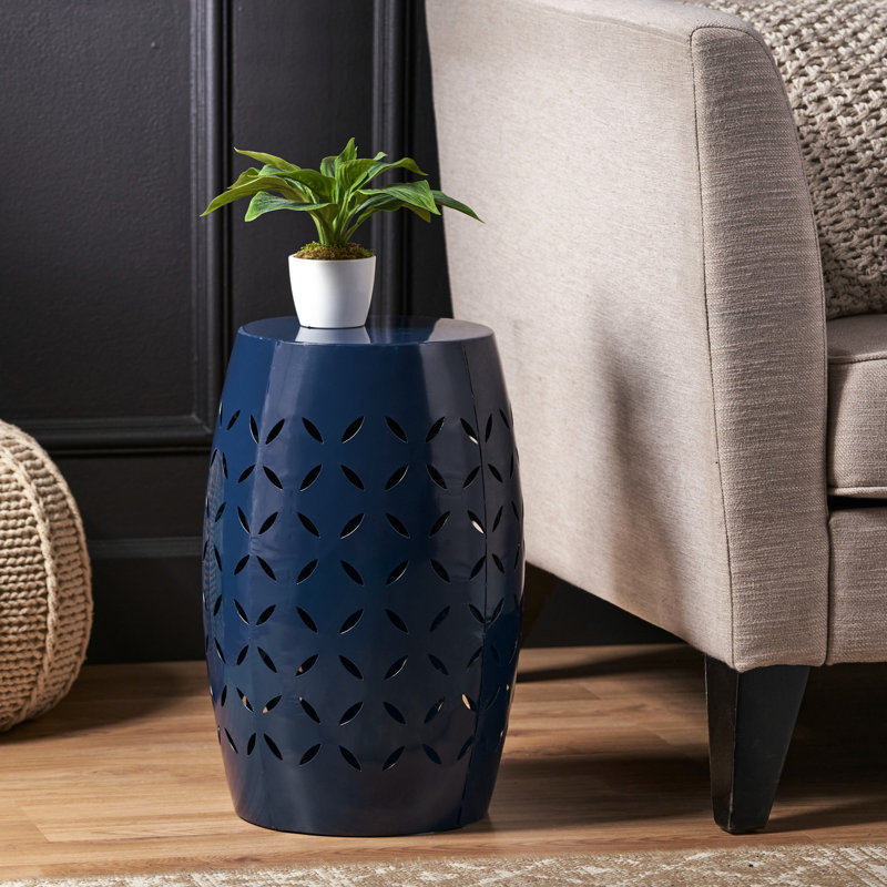 18.05In Tall Dark Blue Iron Lace Cut Side Table, 12.34In X 12.34In, For Patio, Garden, No Assembly Required Table With Delicate Design, 12.34"X12.34"X18.05", Indoor And Outdoor,